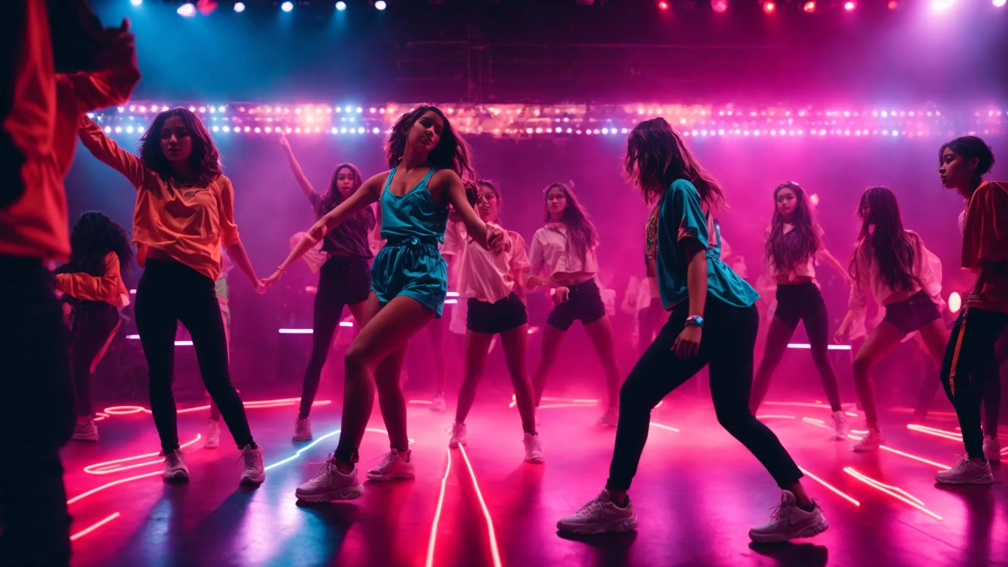 a group of teenagers performs a synchronized dance on a brightly lit stage, surrounded by neon lights.